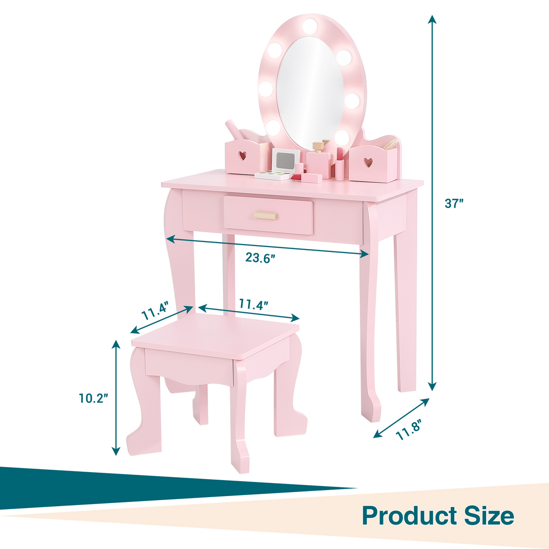 Ensemble coiffeuse Garvee pour enfants avec miroir lumineux et tabouret, en bois MDF, rose, pour filles de 4 à 9 ans, salle de jeux et chambre