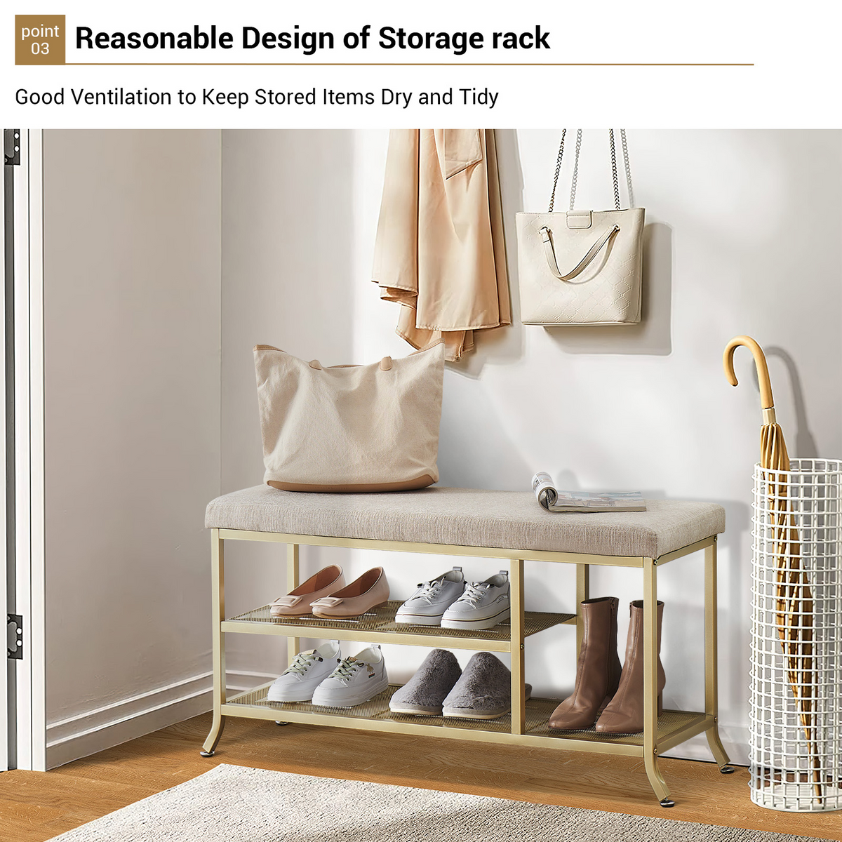 Étagère à chaussures Garvee à 3 niveaux avec banc rembourré, structure en métal, robuste pour entrée et chambre, 100 x 32 x 48 cm, gris