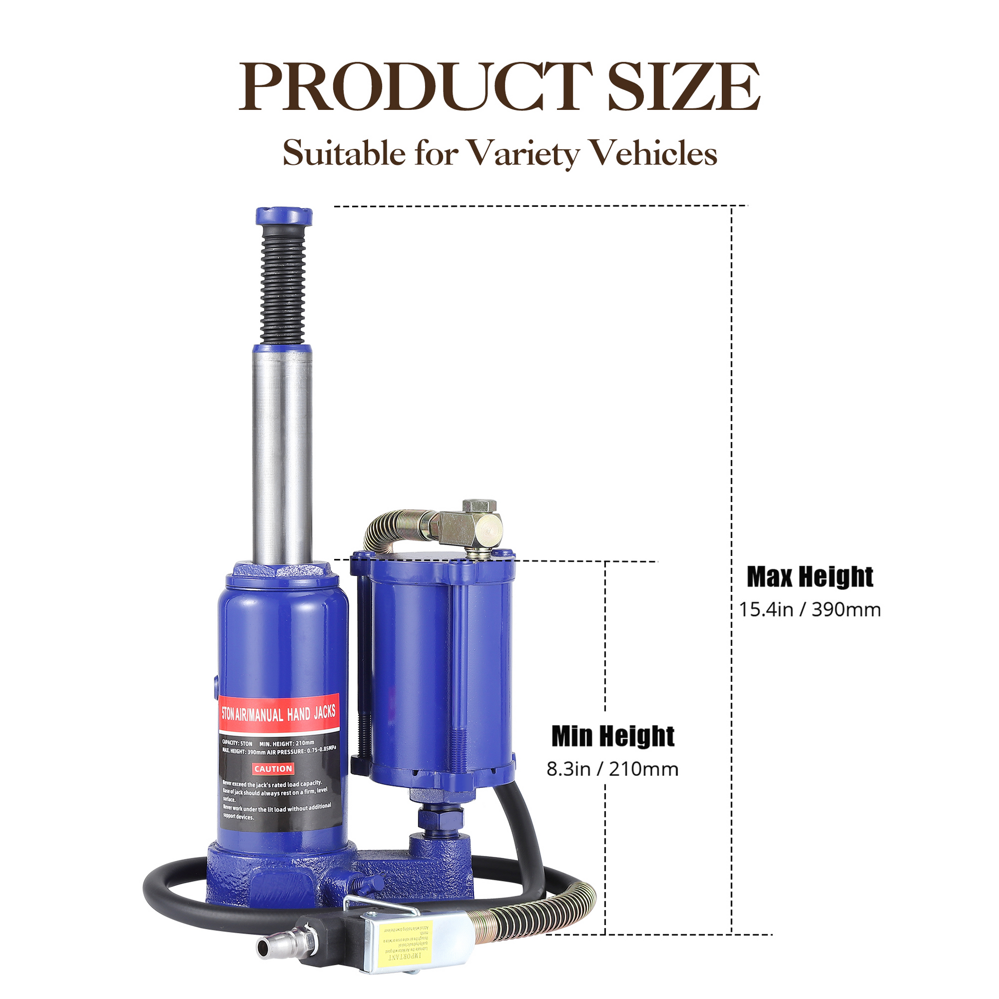 Cric bouteille hydraulique Garvee 5T pneumatique et manuel, compact et portable en fonte, pour voiture et maison