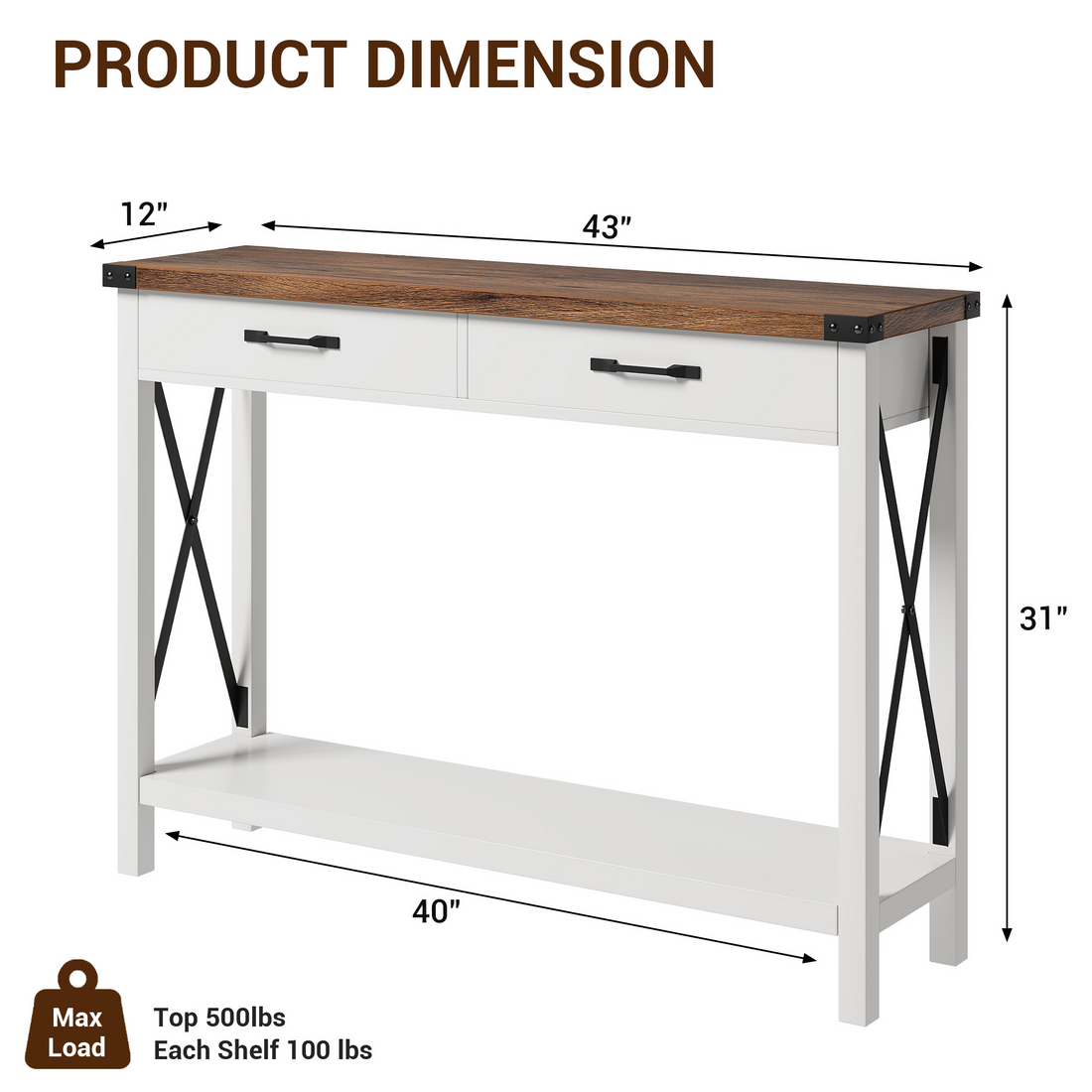 Console Garvee avec 2 tiroirs et une étagère, en bois et métal, robuste, style rustique moderne, noir et blanc, idéale pour une entrée ou un salon, 109 cm (L) x 76 cm (l) x 30 cm (H)