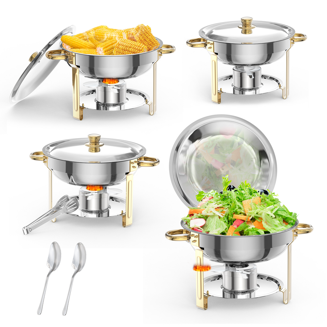 Ensemble de 4 chauffe-plats Garvee 5Qt en acier inoxydable avec couvercle bombé, idéal pour les traiteurs, mariages et fêtes - Ensemble complet pour tous vos événements