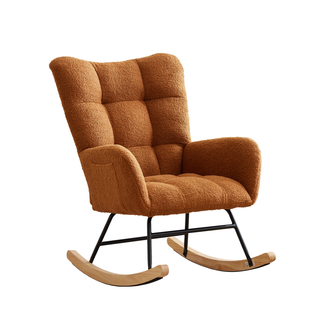 Fauteuil à bascule Garvee pour chambre d'enfant, ergonomique, revêtement doux en peluche, structure en fer, pieds en bois, marron, idéal pour l'allaitement et la détente.