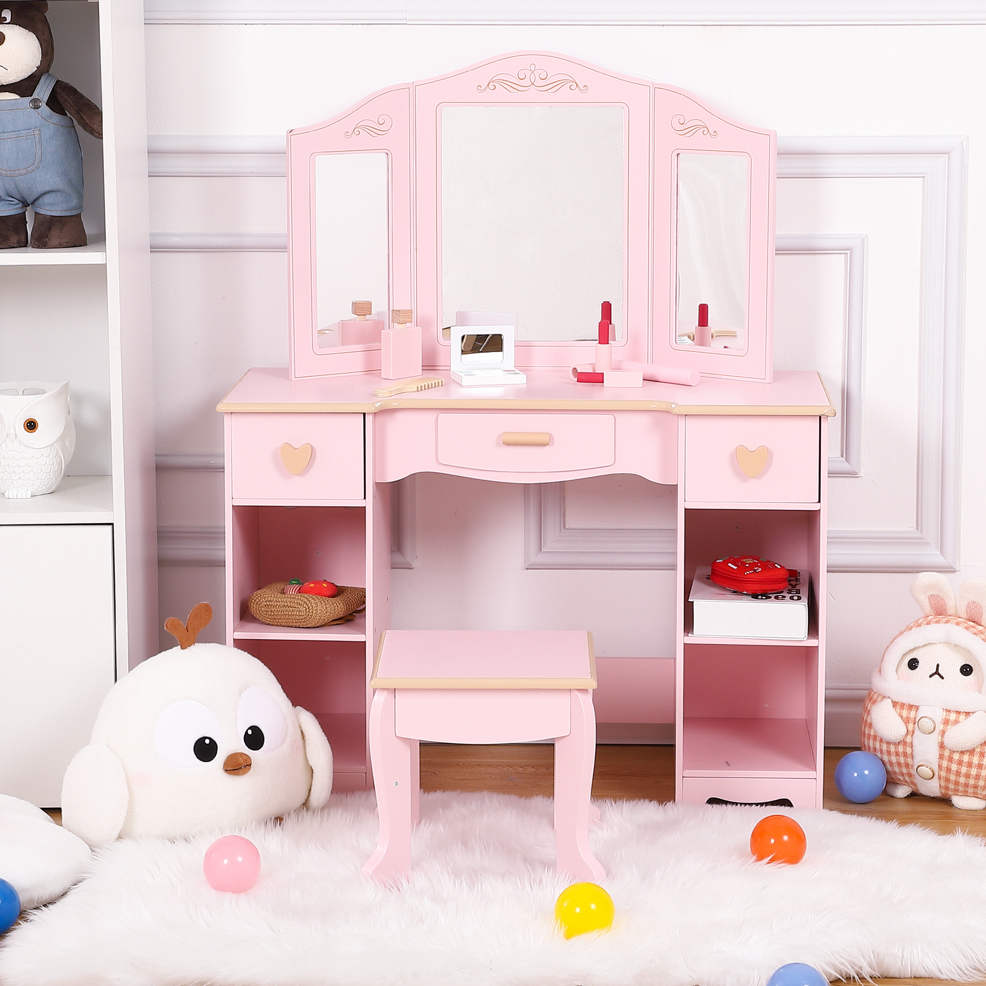 Coiffeuse Garvee pour enfants avec miroir à trois compartiments, rangement et tabouret, MDF, rose, pour filles de 3 à 9 ans, chambre et salle de jeux