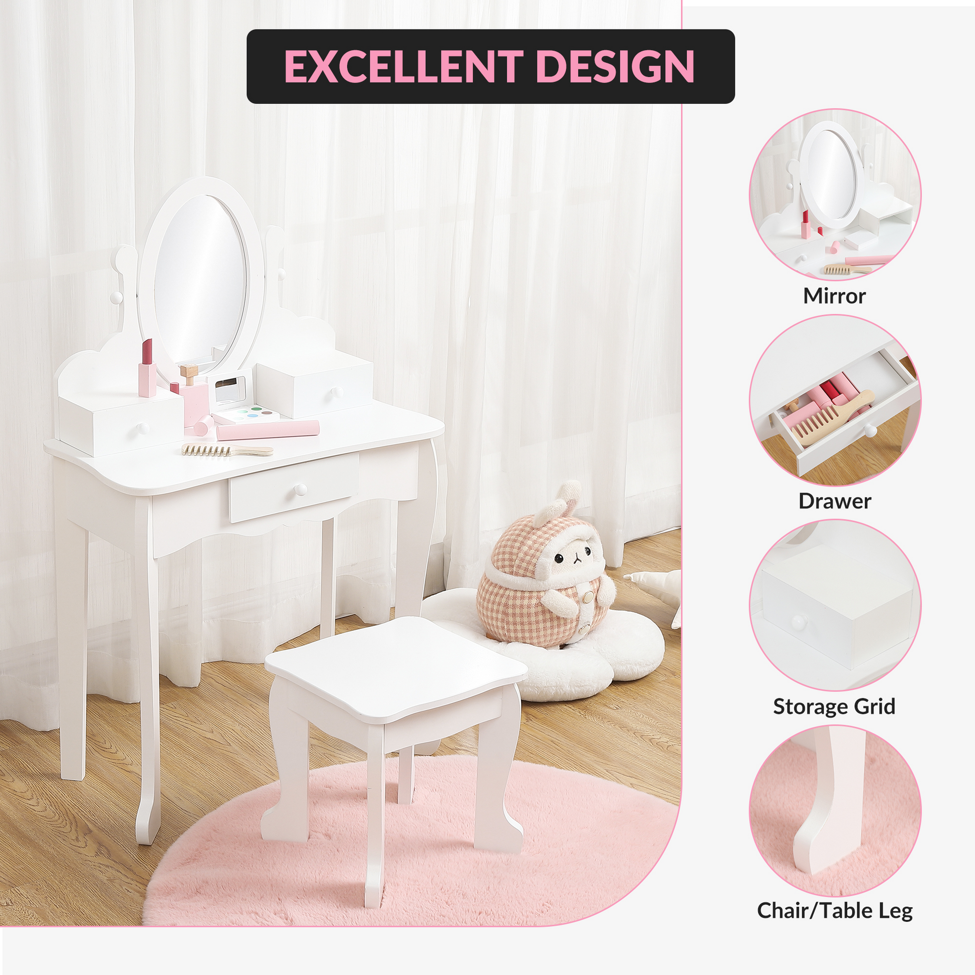 Ensemble coiffeuse Garvee pour enfants avec miroir réglable, coffret de maquillage en bois, blanc, table et tabouret, chambre de fille, 97 x 60 x 30 cm