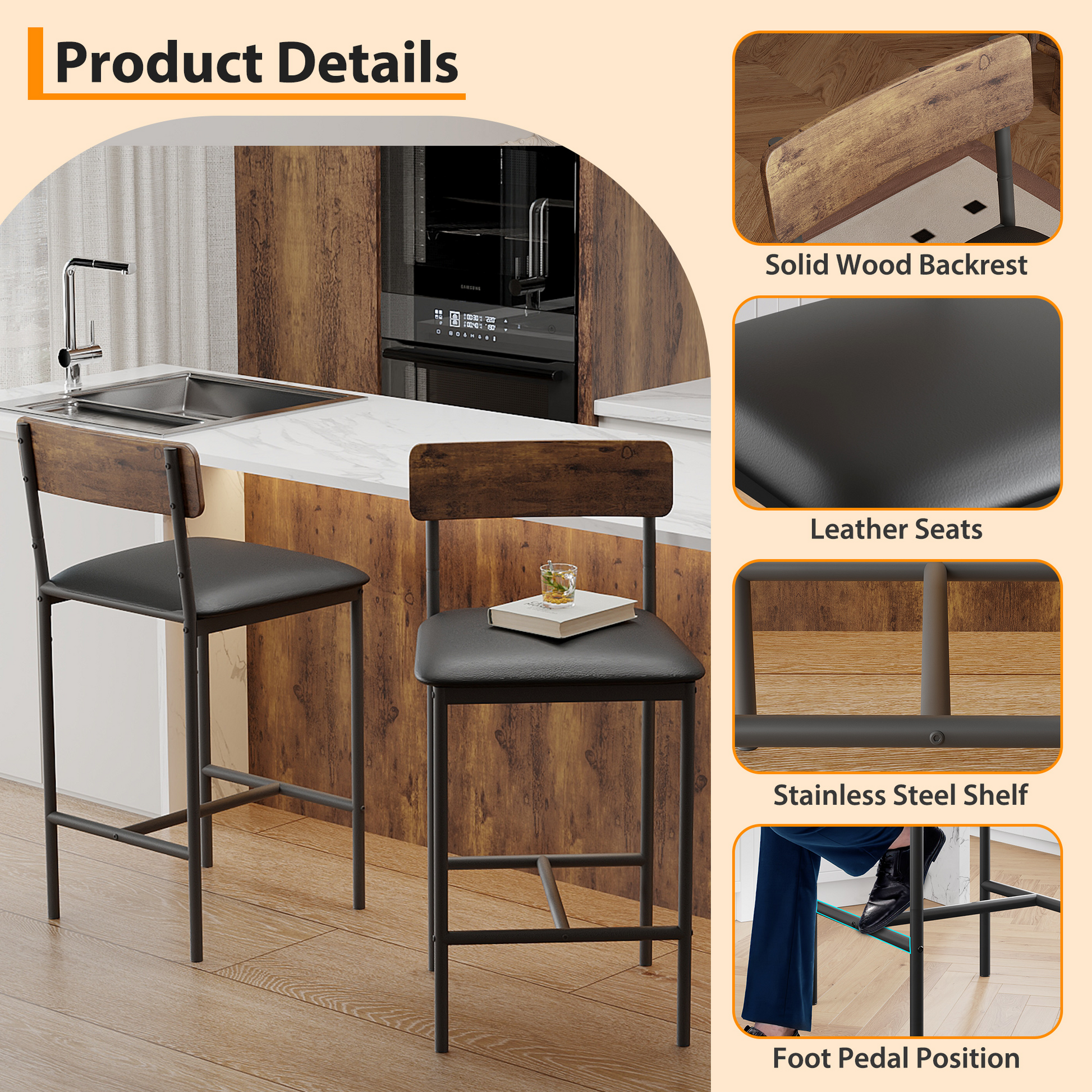 Garvee Ensemble de 2 tabourets avec repose-pieds, hauteur 95 cm. Pour cuisine et salon. Vintage, compact et durable.