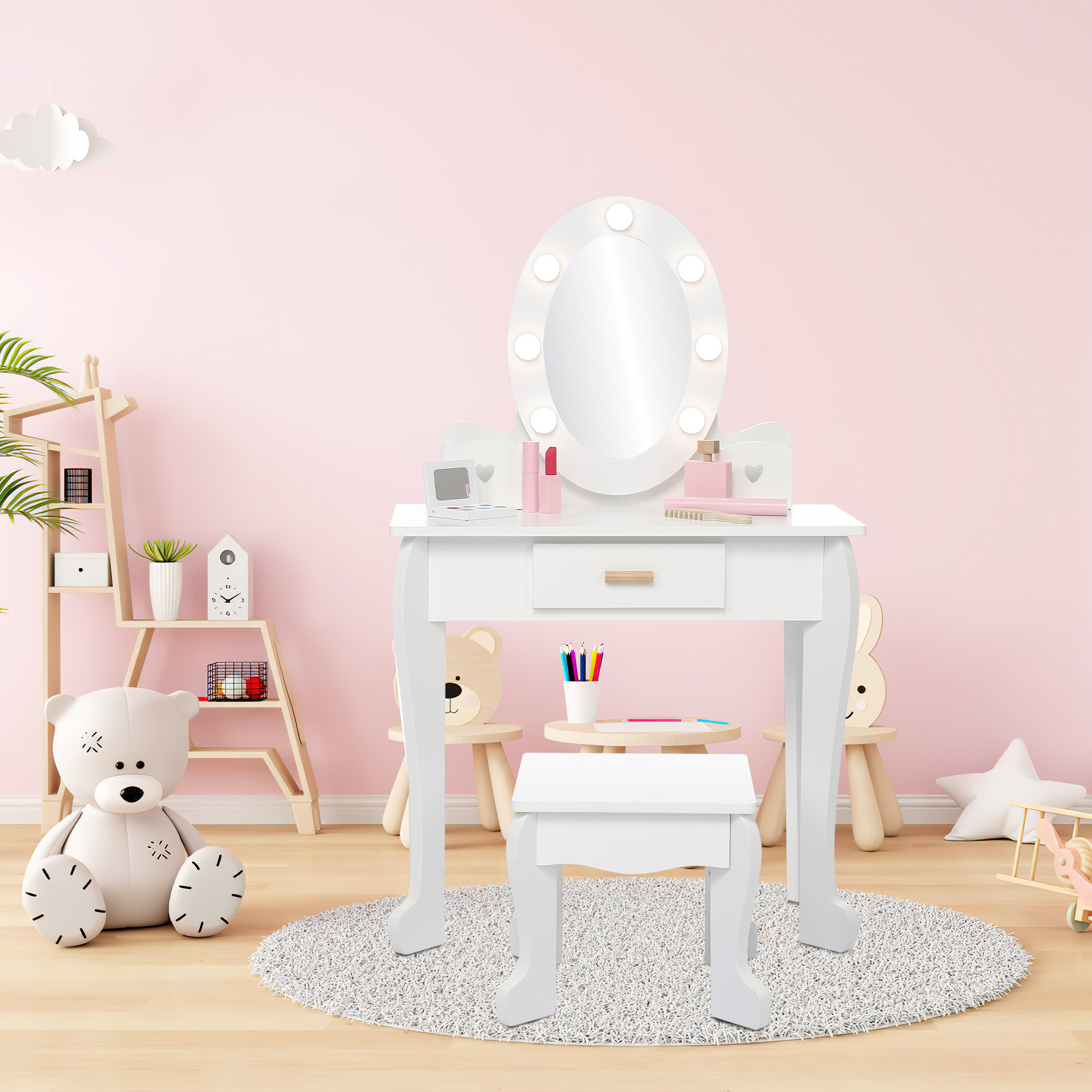 Ensemble coiffeuse Garvee pour enfants avec miroir et lumière, en bois MDF, bords arrondis, tabouret, pour filles de 4 à 9 ans, blanc, pour chambre et salle de jeux