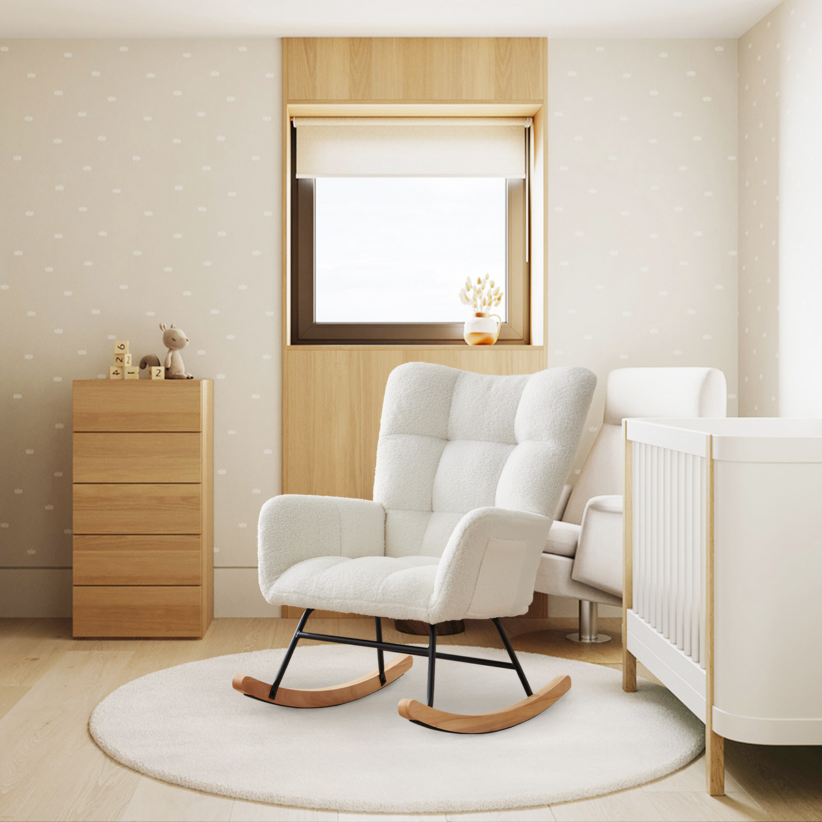 Fauteuil à bascule Garvee pour chambre d'enfant, en tissu peluche, ergonomique, stable, structure en fer, pieds en bois, beige, pour salon et chambre à coucher