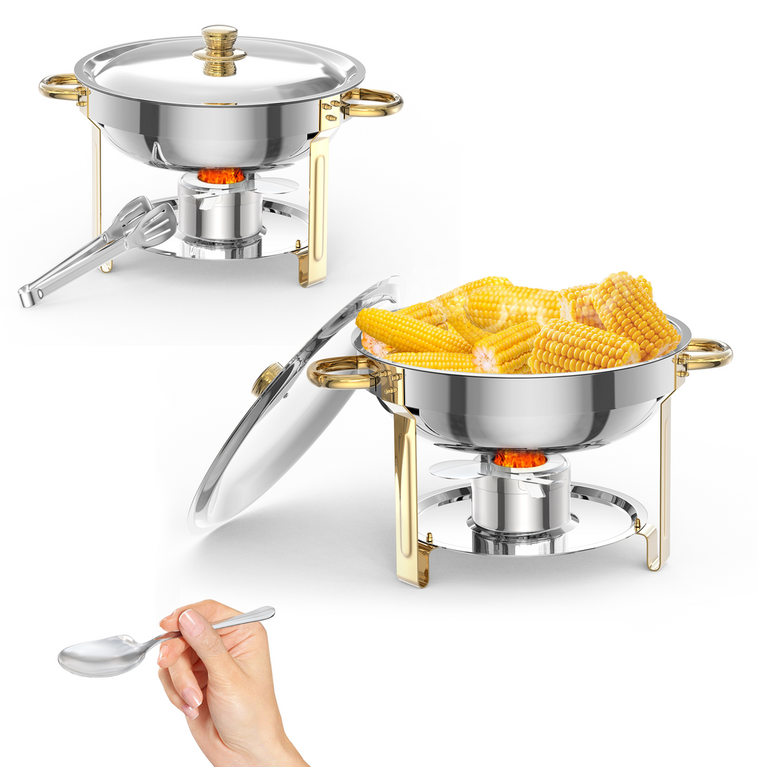Ensemble de chauffe-plats Garvee 5Qt en acier inoxydable, 2 pièces, couvercle bombé, chauffe-plats pour buffets, traiteur, mariages, fêtes - Avec cuillère et pince à épiler