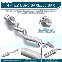 Barre d'haltères Garvee Olympic EZ Curl 47" - Ergonomique, capacité de 227 kg, acier allié, manchons en cuivre, poids standard de 5 cm, colliers à ressort, pour salle de sport