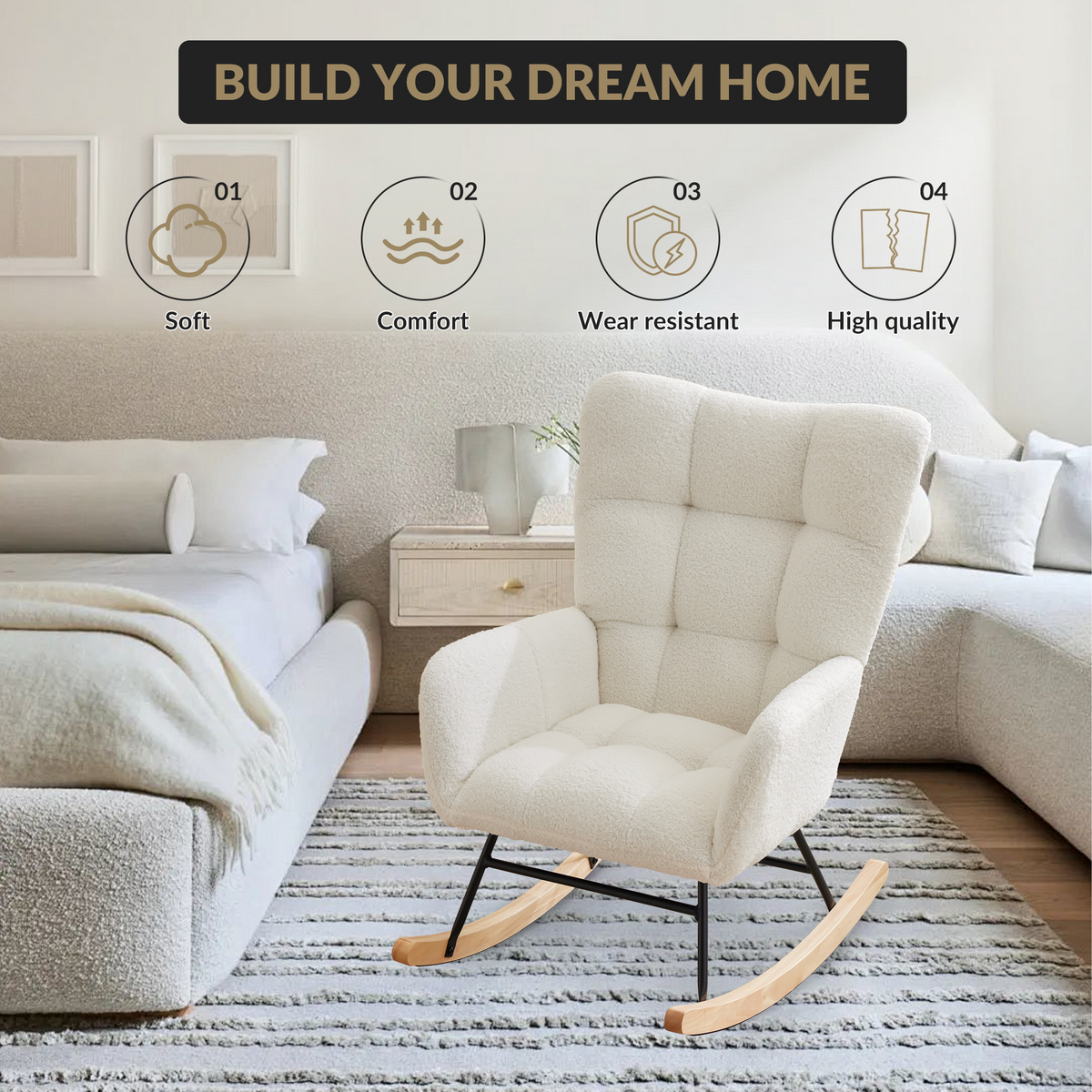 Fauteuil à bascule Garvee pour chambre d'enfant, en tissu peluche, ergonomique, stable, structure en fer, pieds en bois, beige, pour salon et chambre à coucher