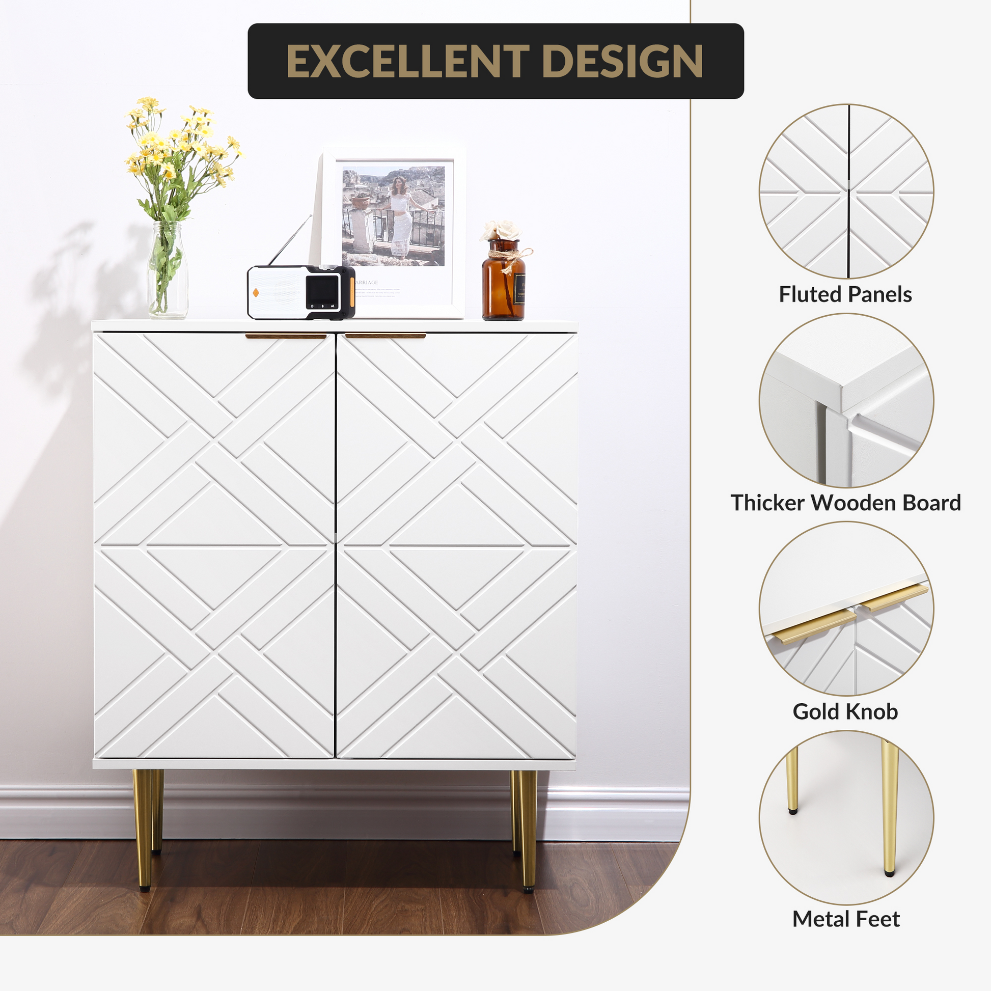 Buffet Garvee à 2 portes, meuble de cuisine moderne, en MDF robuste, blanc, pour salle à manger et entrée, 74 cm (29 pouces).