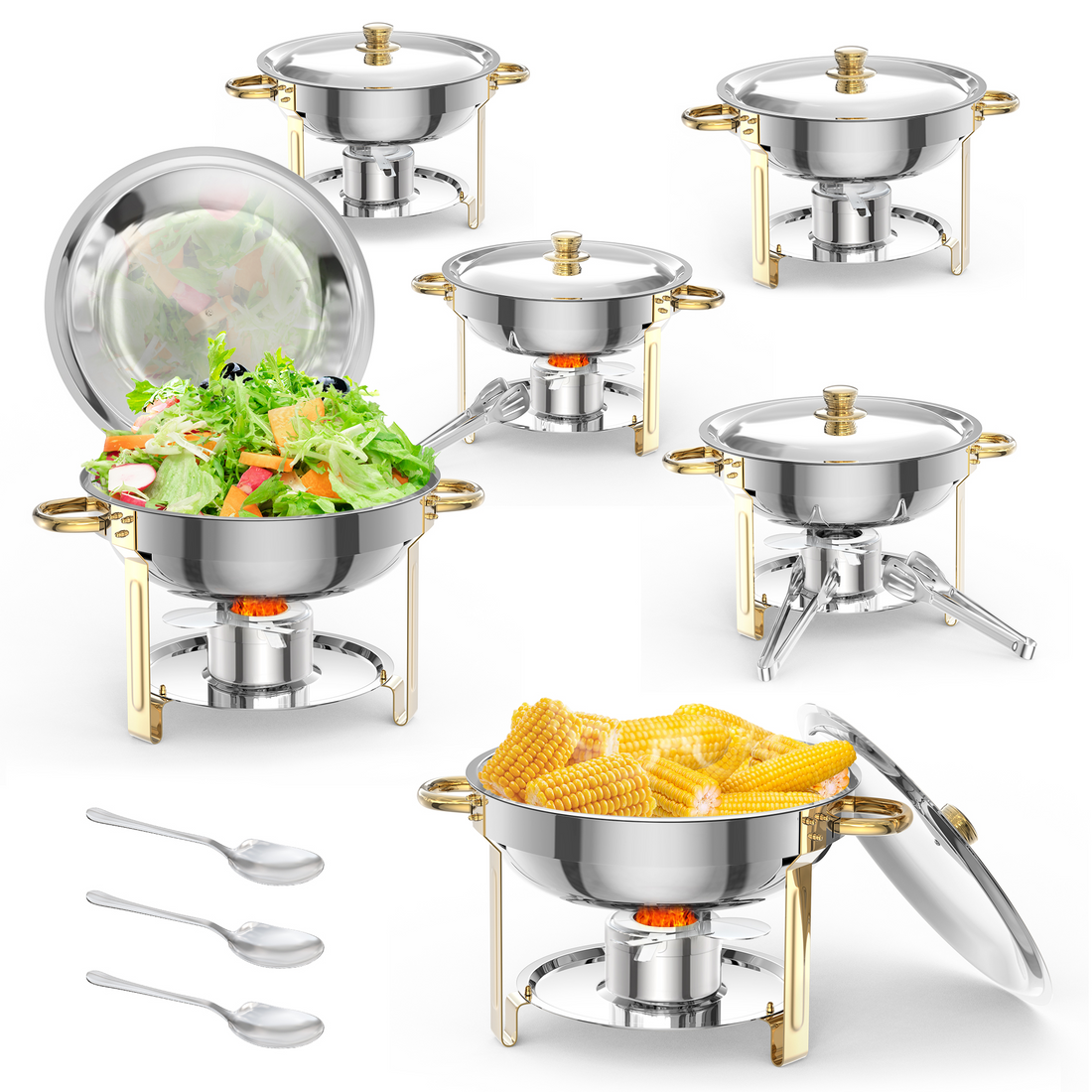 Ensemble de 6 chauffe-plats Garvee 5Qt en acier inoxydable avec couvercle bombé, idéal pour les traiteurs, mariages et fêtes - Grand ensemble professionnel