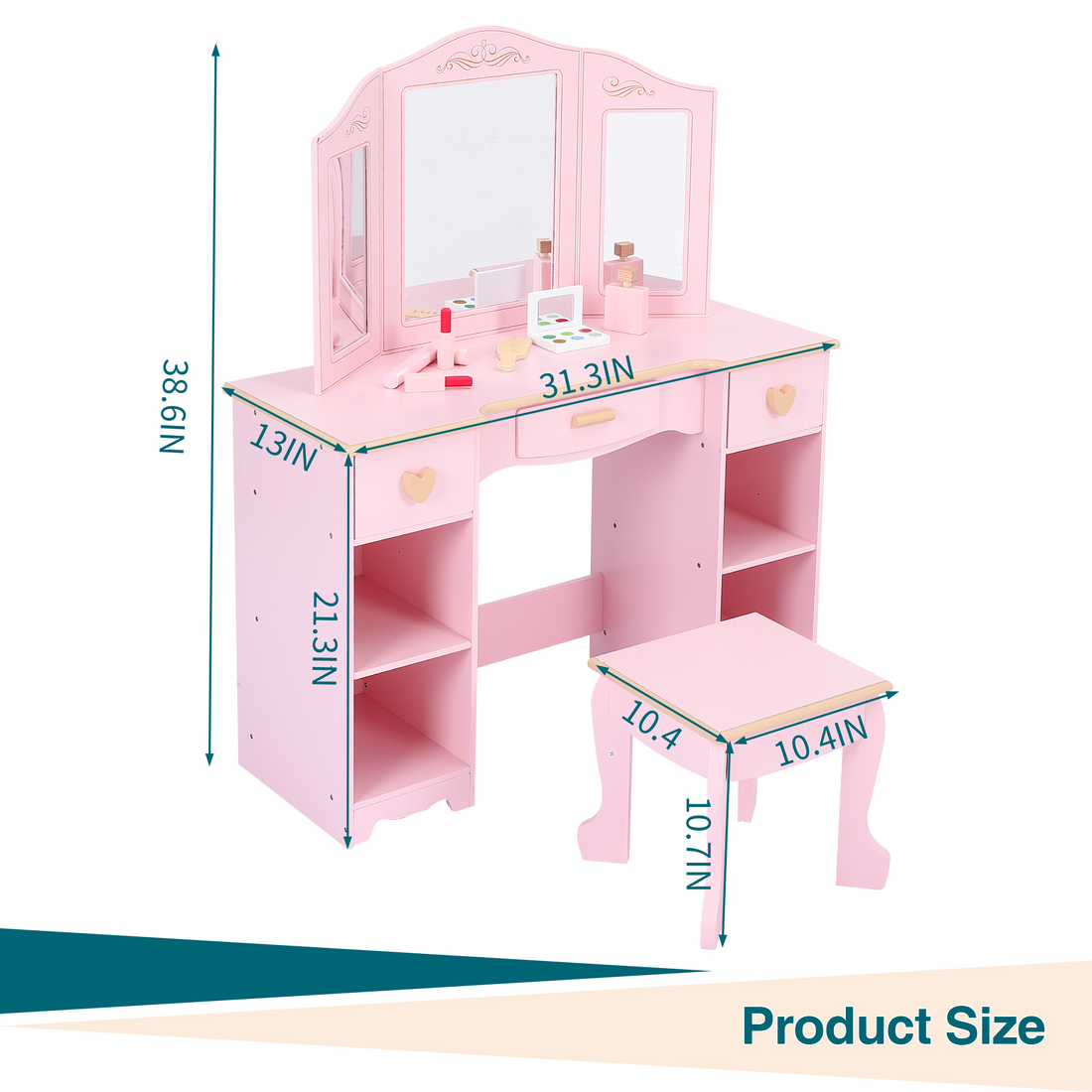 Coiffeuse Garvee pour enfants avec miroir à trois compartiments, rangement et tabouret, MDF, rose, pour filles de 3 à 9 ans, chambre et salle de jeux