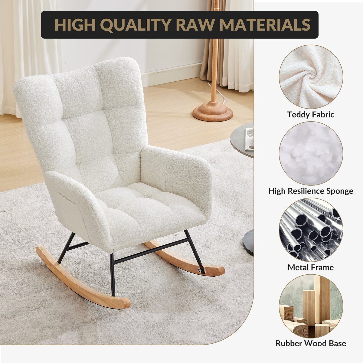Fauteuil à bascule Garvee pour chambre d'enfant, en tissu peluche, ergonomique, stable, structure en fer, pieds en bois, beige, pour salon et chambre à coucher